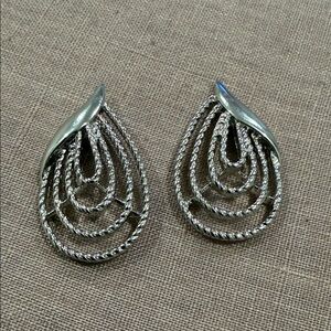 Trifari Silver-Tone Layered Rope Teardrop Clip Earrings
